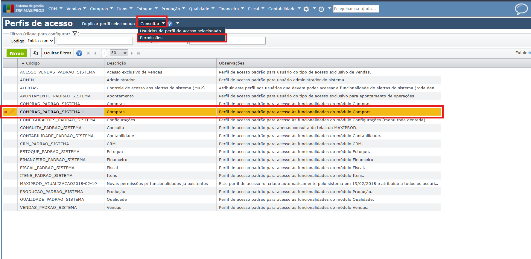 Consultar permissões