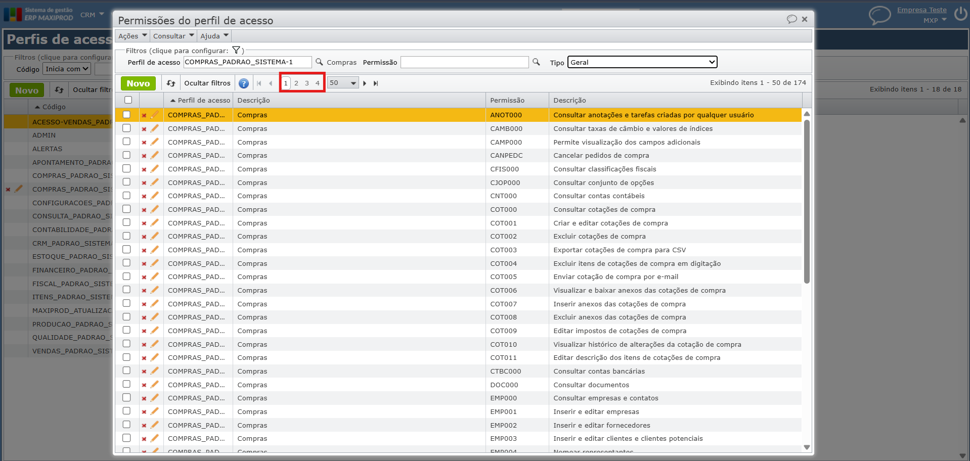 Lista permissões de acesso