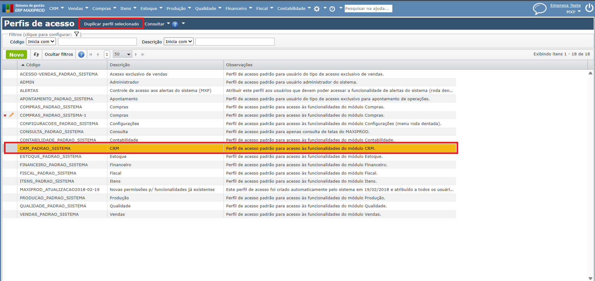 Duplicar perfil de acesso
