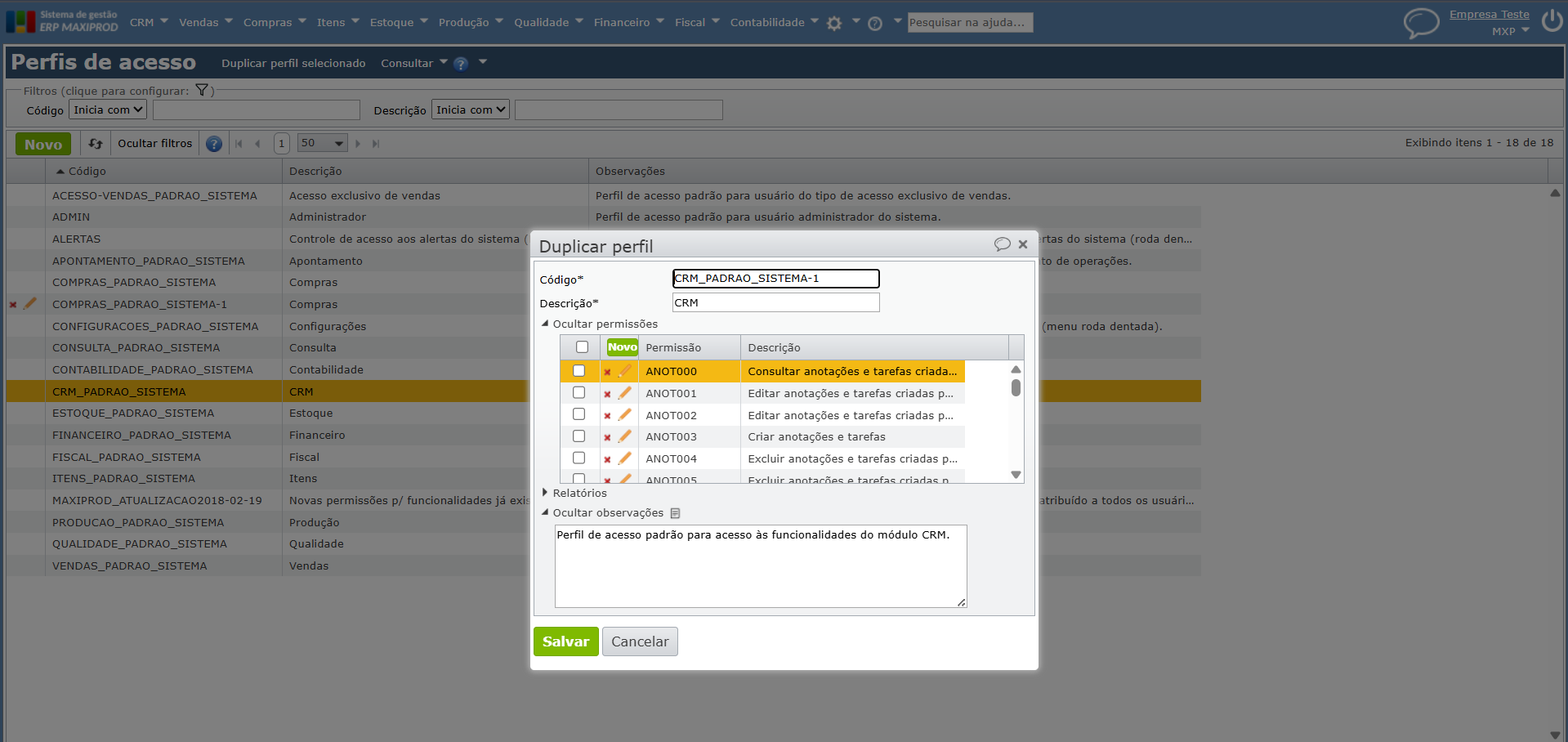 Tela duplicar perfil