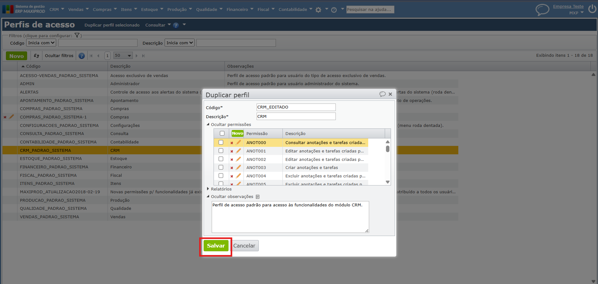 Salvar novo perfil de acesso
