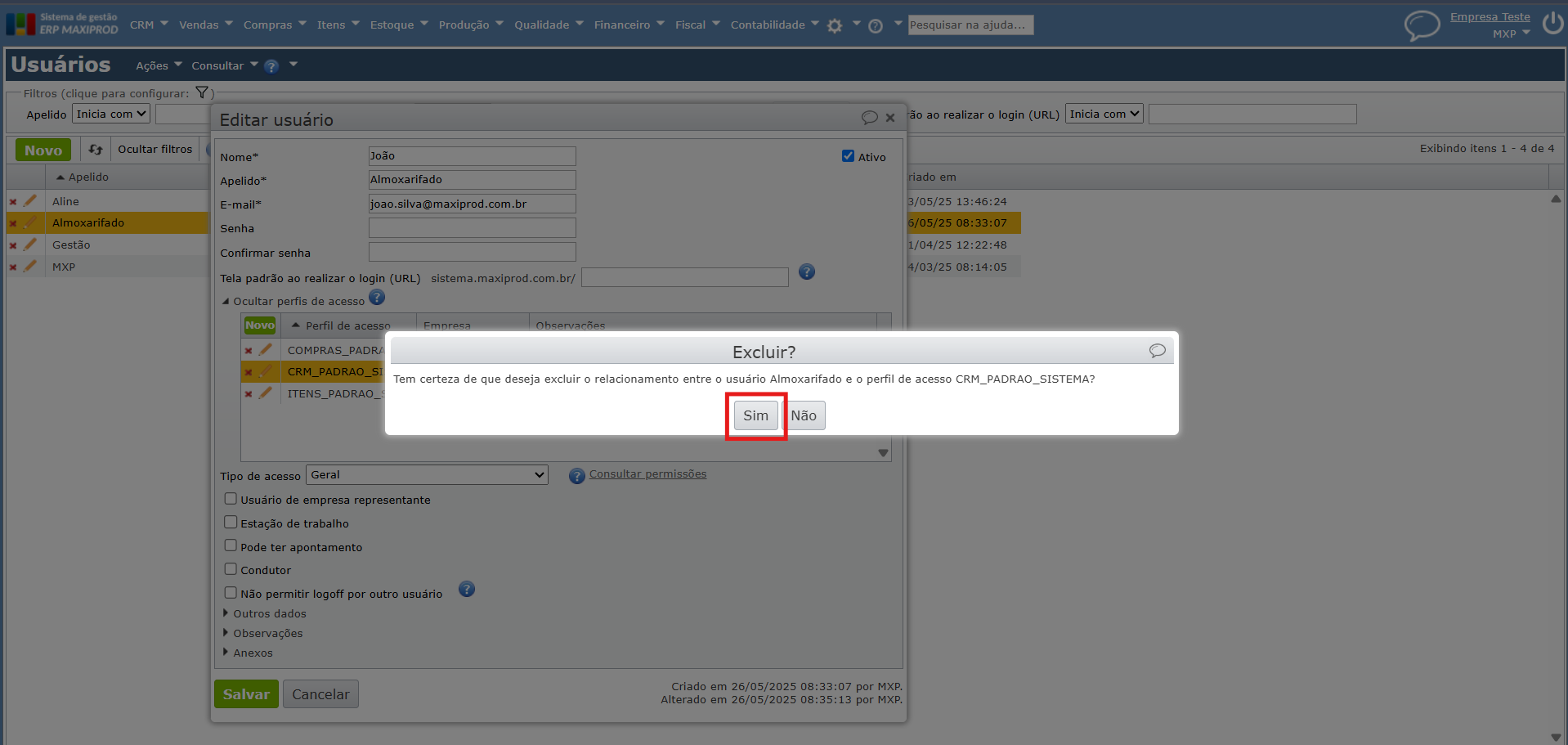 Excluir perfil de acesso do usuário
