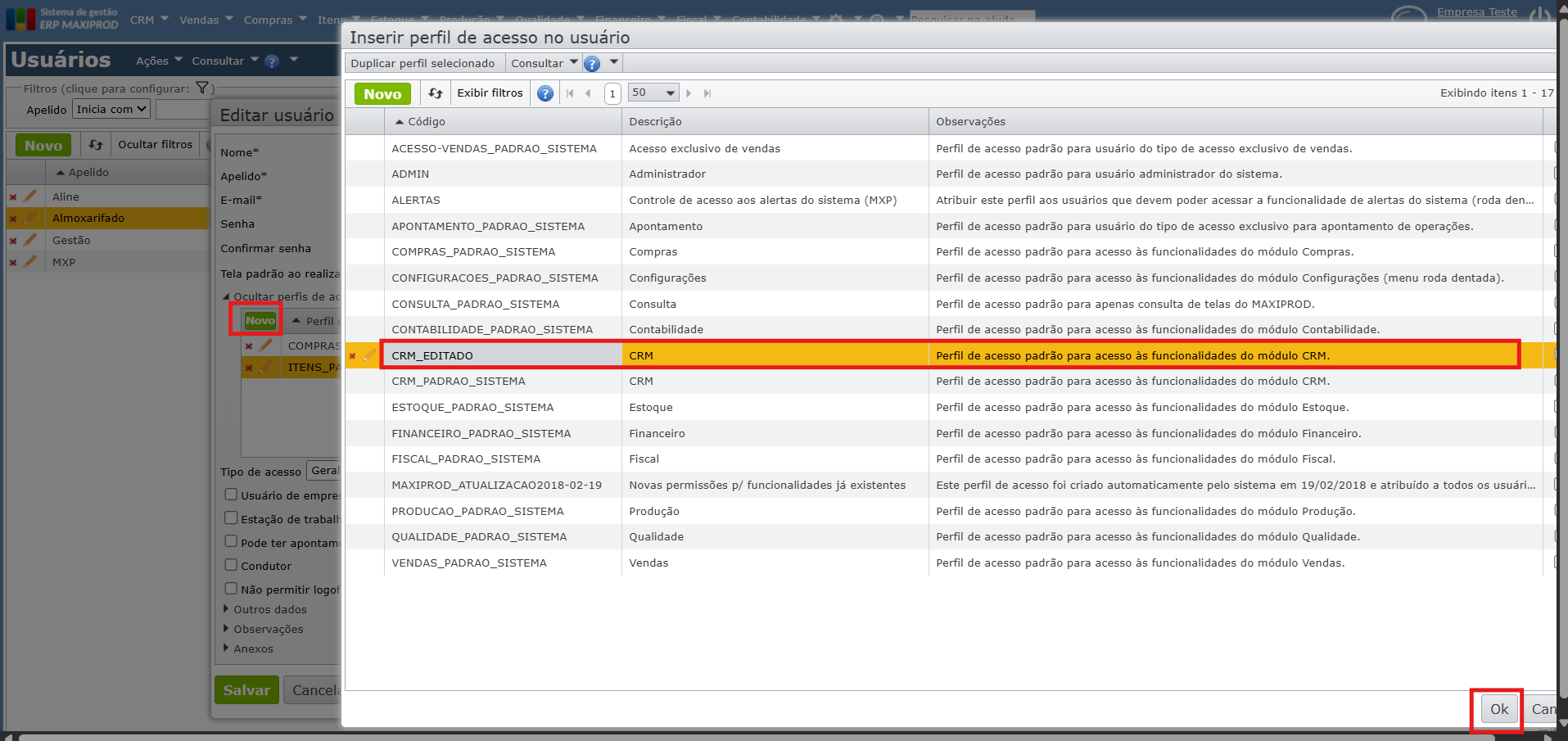 Adicionar perfil de acesso editado