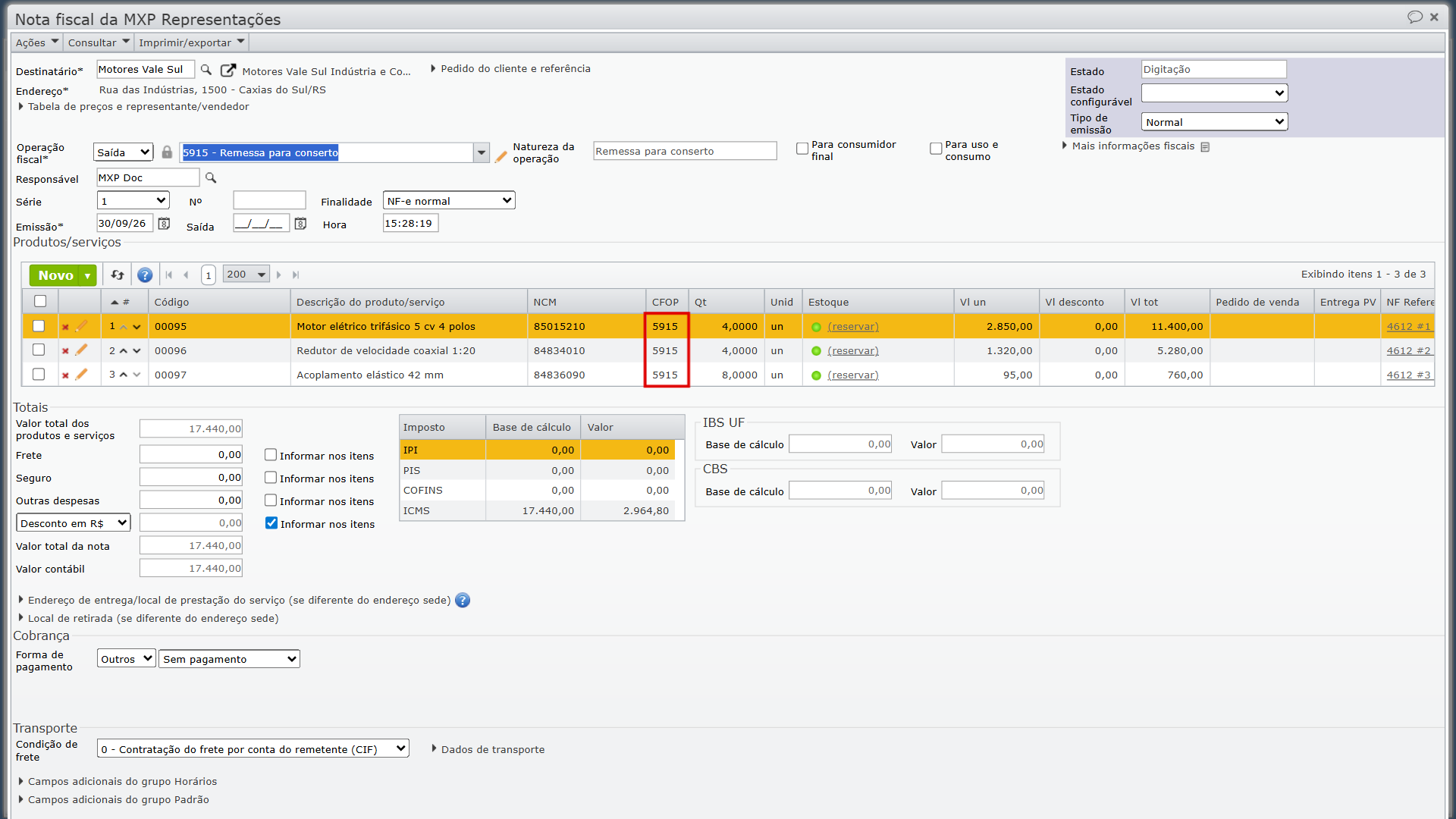 Itens da NF de remessa com o CFOP 5915 destacado