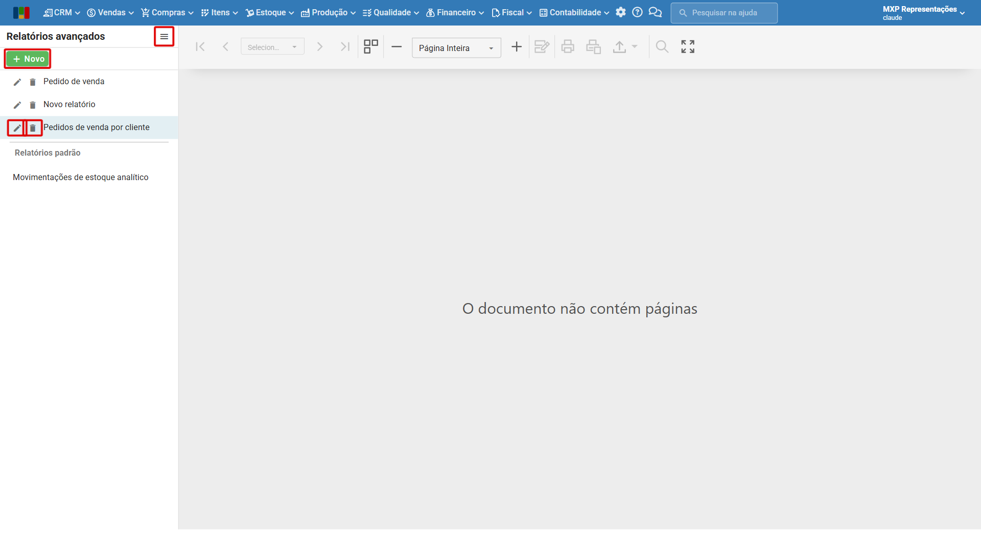 Painel de relatórios com o botão Novo, os ícones de lápis e lixeira e o ícone que oculta o painel em destaque