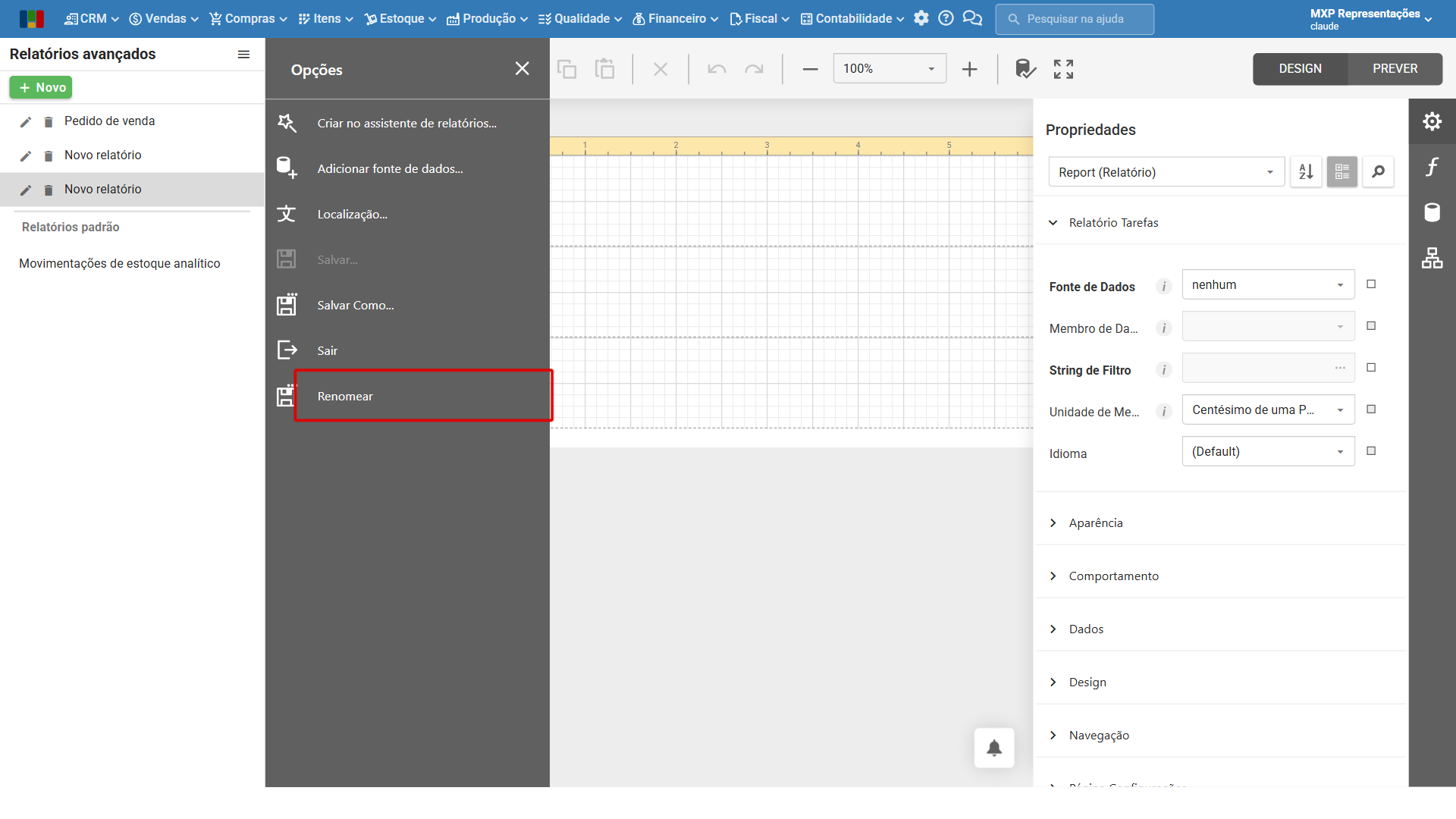 Painel Opções do editor com a opção Renomear em destaque