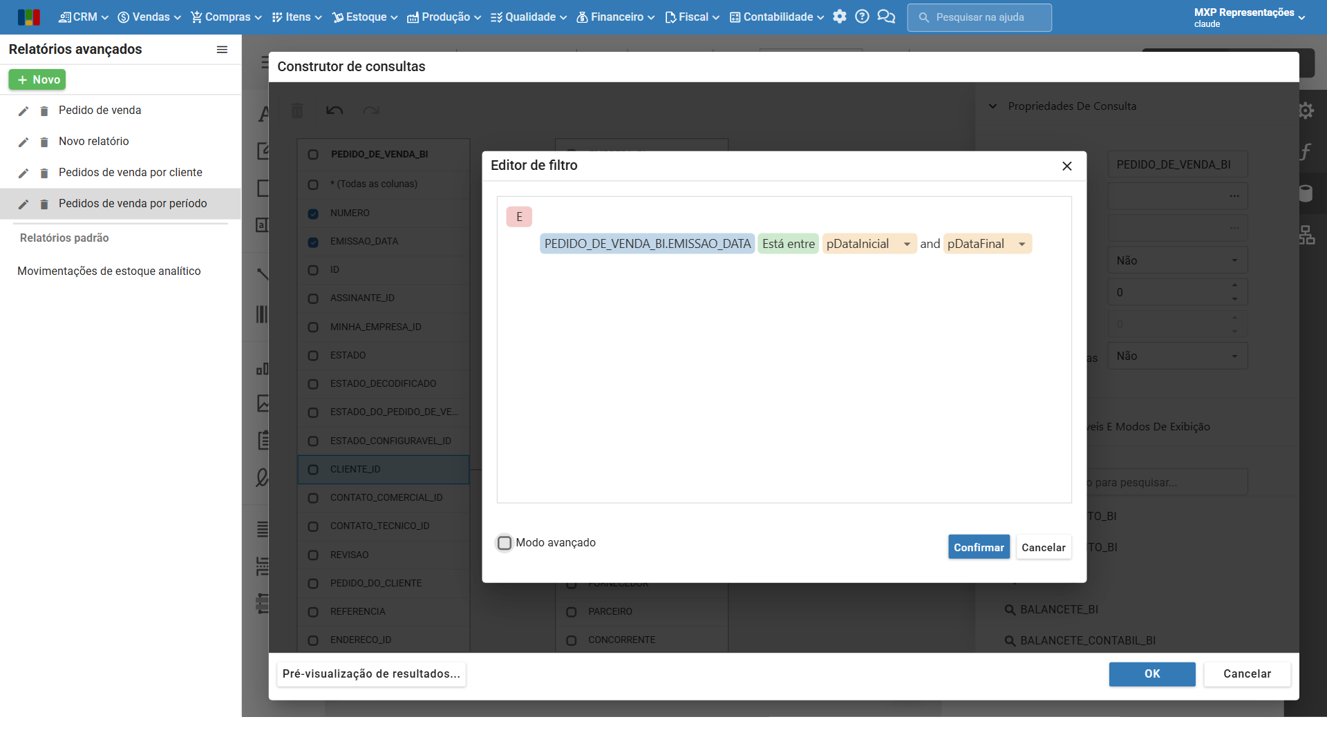 Editor de filtro com a condição EMISSAO_DATA Está entre pDataInicial and pDataFinal