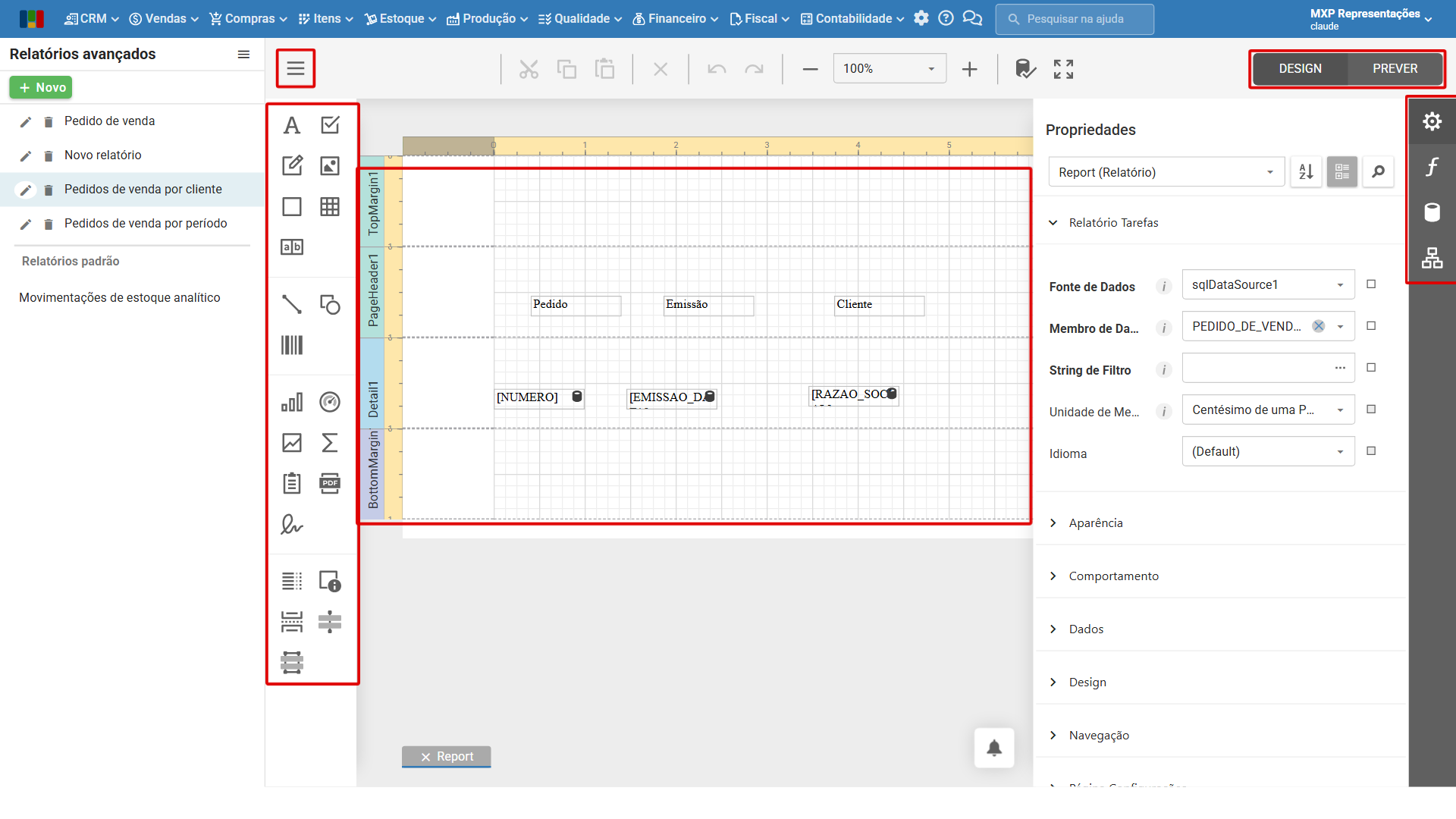 Editor de relatórios com o ícone de menu, os Controles, as seções, as abas da direita e as opções DESIGN e PREVER em destaque