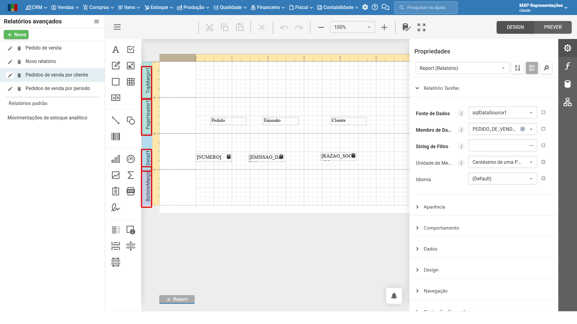 Seções TopMargin, PageHeader, Detail e BottomMargin em destaque na área central do editor