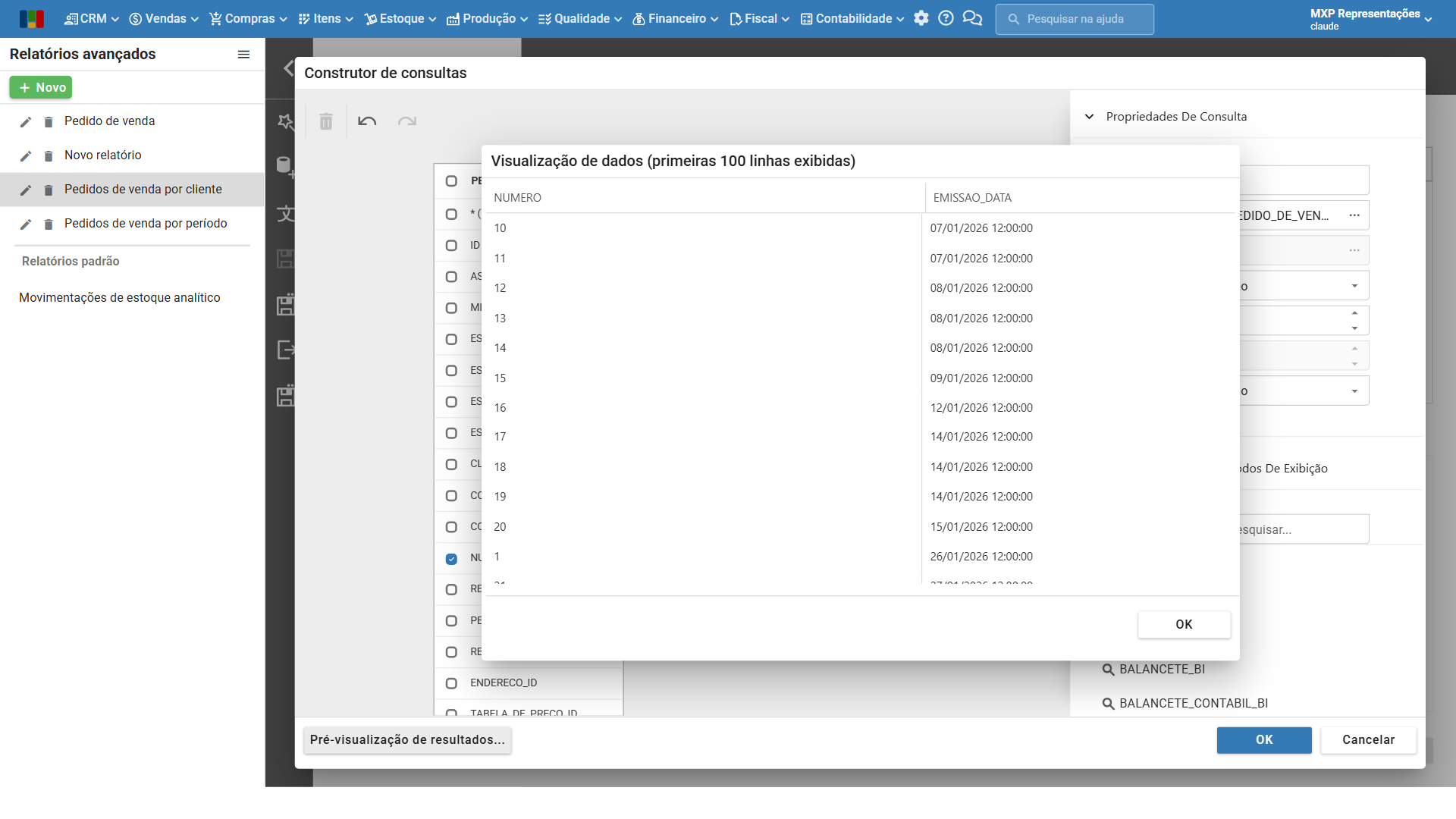 Janela Visualização de dados com os pedidos emitidos a partir de 07/01/2026