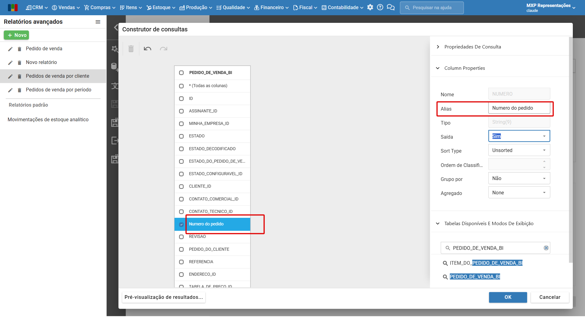 Coluna NUMERO selecionada com o campo Alias preenchido em Column Properties