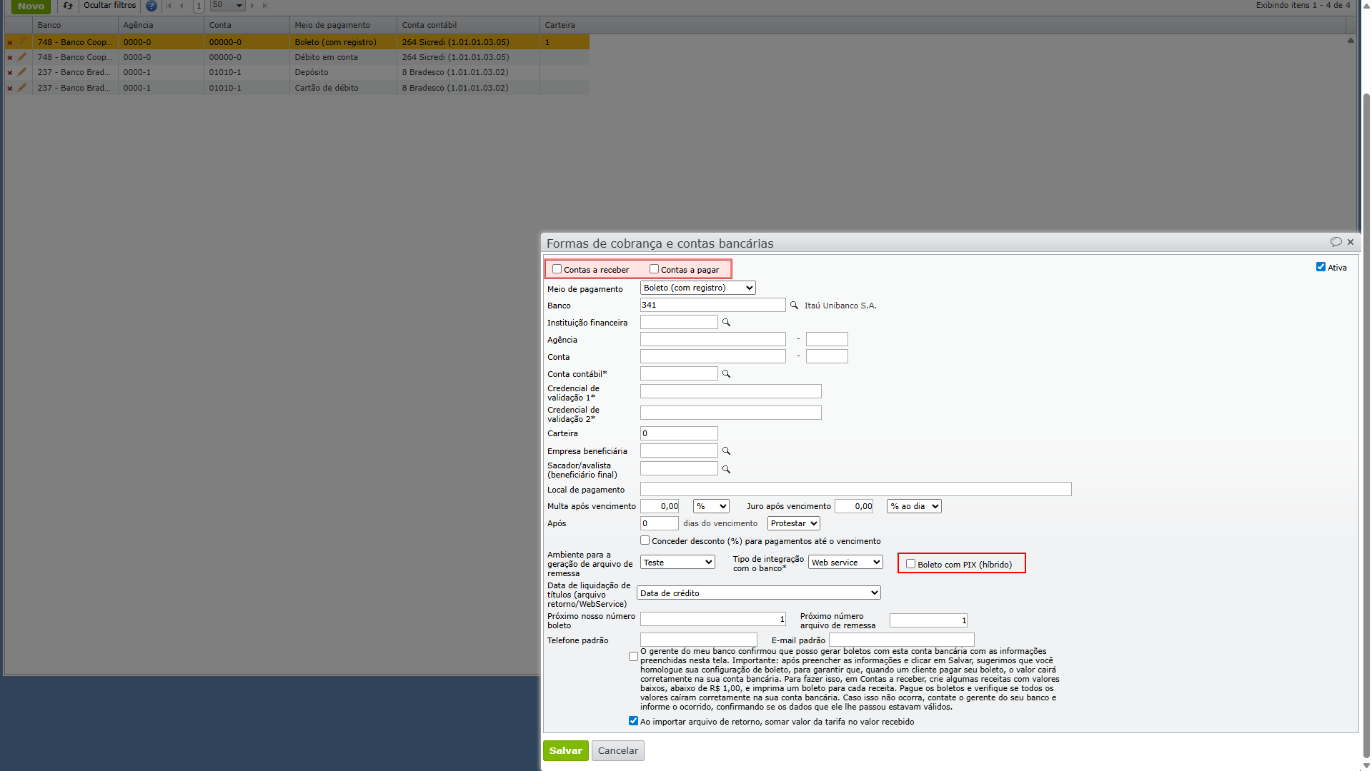Tela Formas de cobrança e contas bancárias com banco Itaú, Web service selecionado, campo Boleto com PIX híbrido destacado com retângulo vermelho