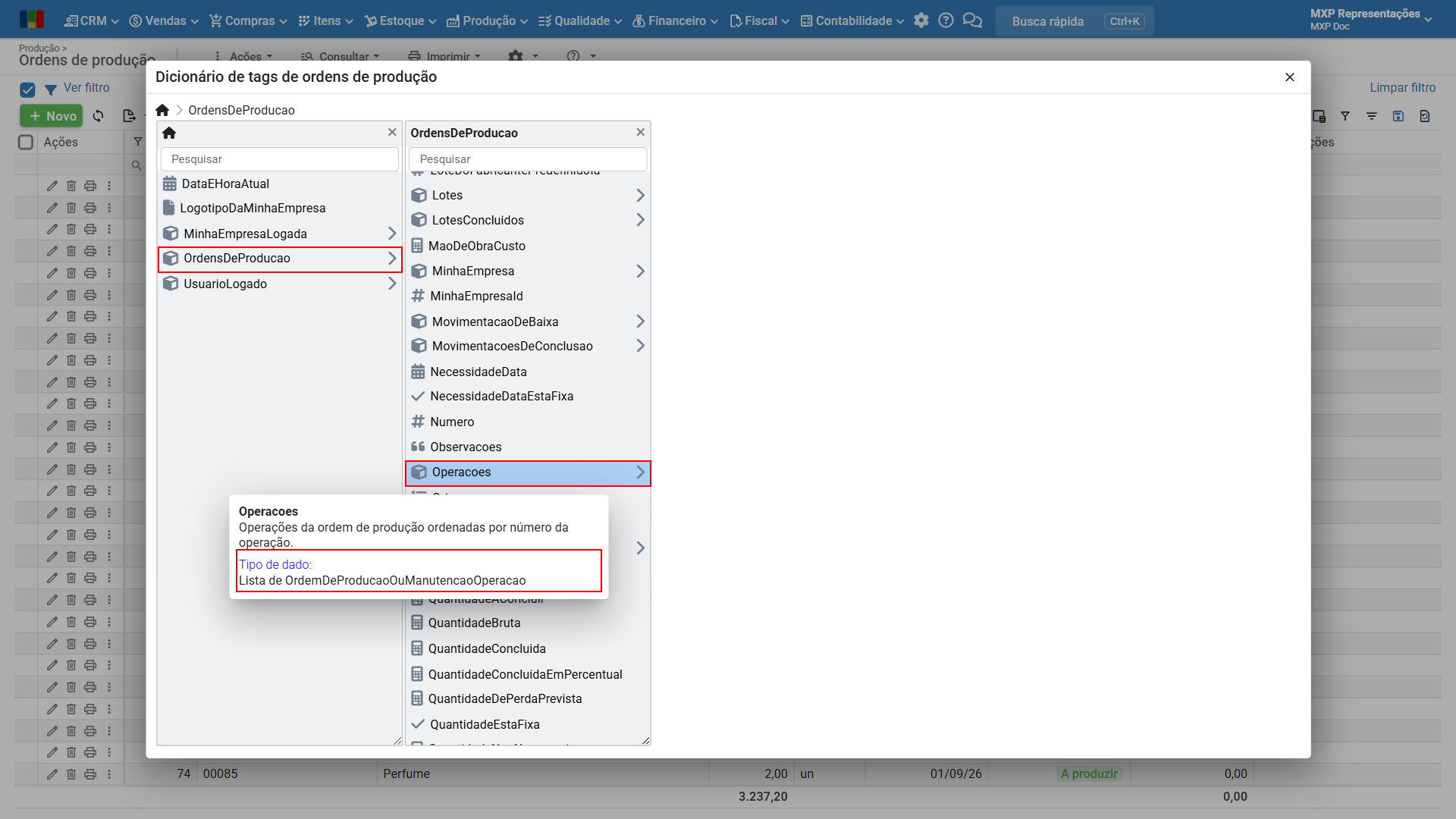 Dicionário de tags de ordens de produção com OrdensDeProducao, o mouse sobre a propriedade Operacoes e o tipo de dado Lista em destaque