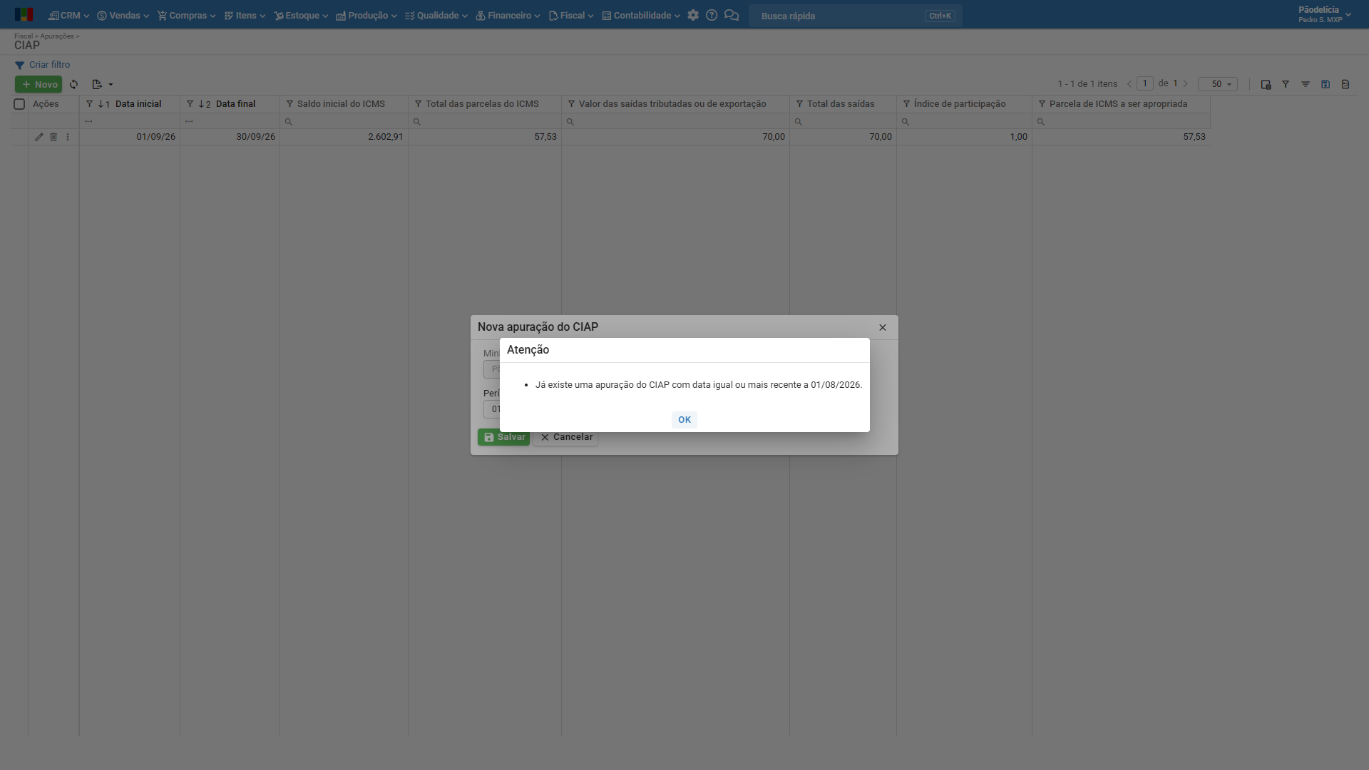 Aviso informando que já existe uma apuração do CIAP com data igual ou mais recente à data inicial informada
