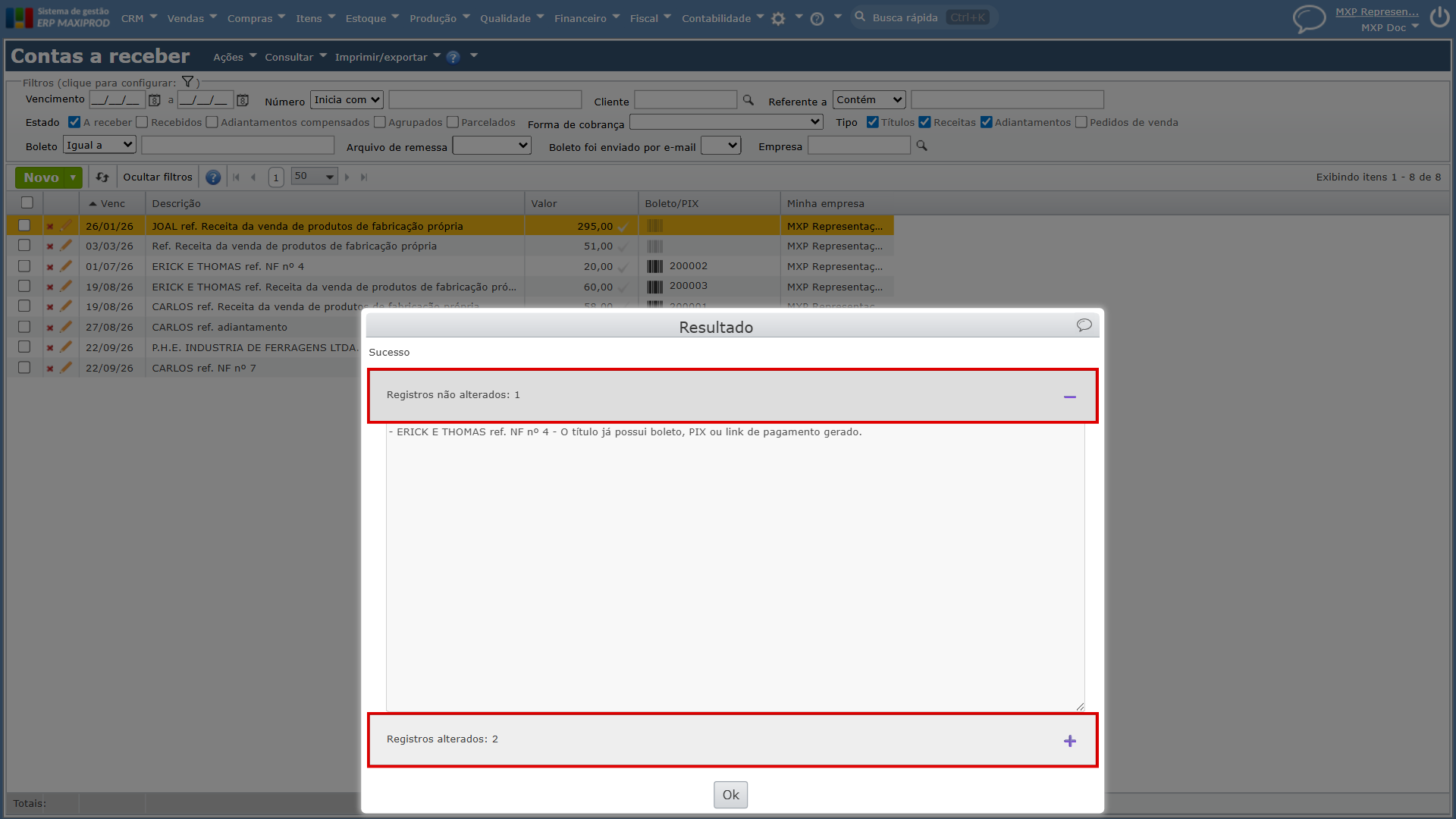 Janela "Resultado" com os grupos "Registros não alterados", aberto e com o motivo do título, e "Registros alterados" destacados