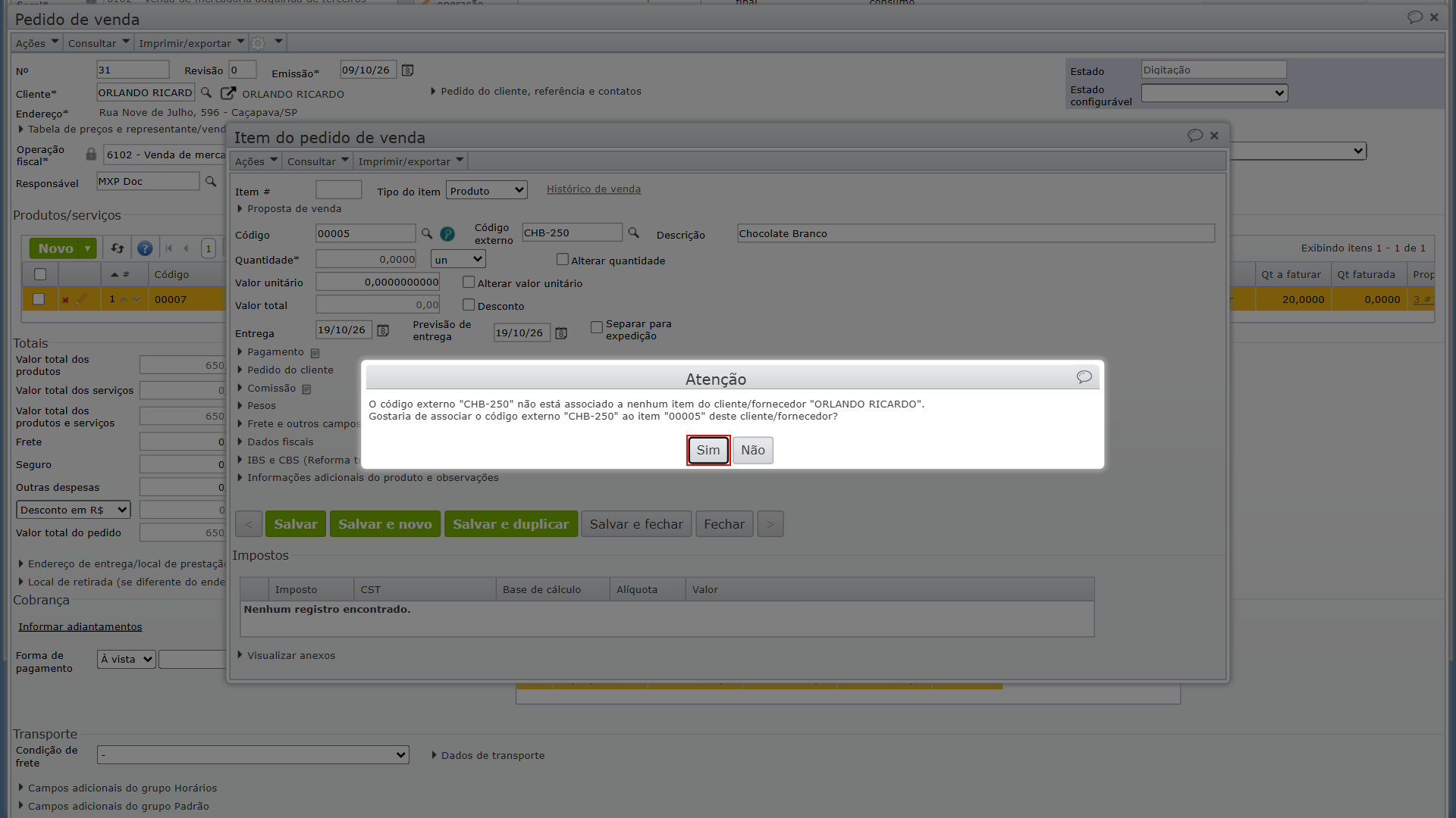 Pergunta para associar o código externo novo ao item do cliente