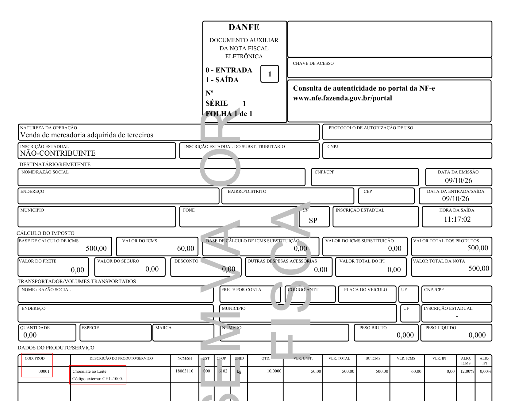 Parte superior do DANFE com o código interno na coluna COD. PROD e o código externo abaixo da descrição do produto