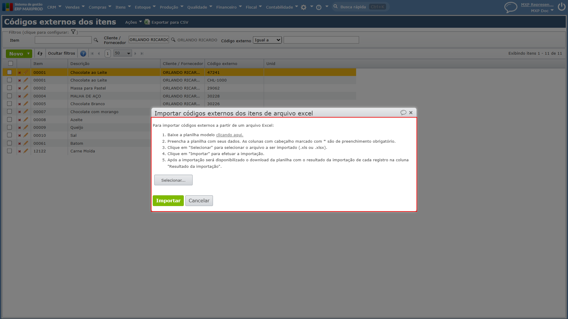 Janela para importar códigos externos dos itens de arquivo excel
