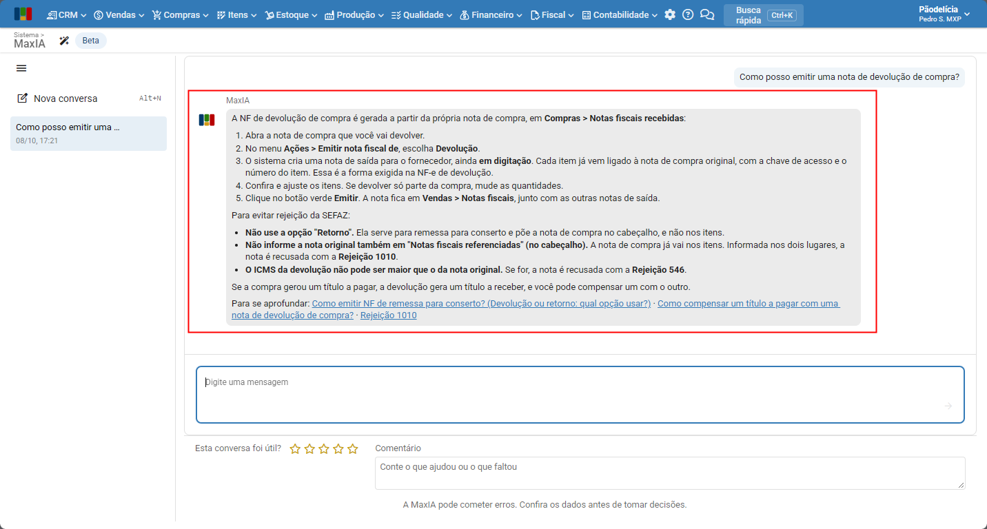 Resposta da MaxIA exibida na conversa com o procedimento solicitado