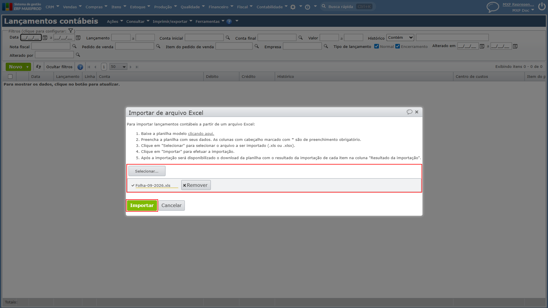 Janela Importar de arquivo Excel com a planilha selecionada e o botão Importar destacados