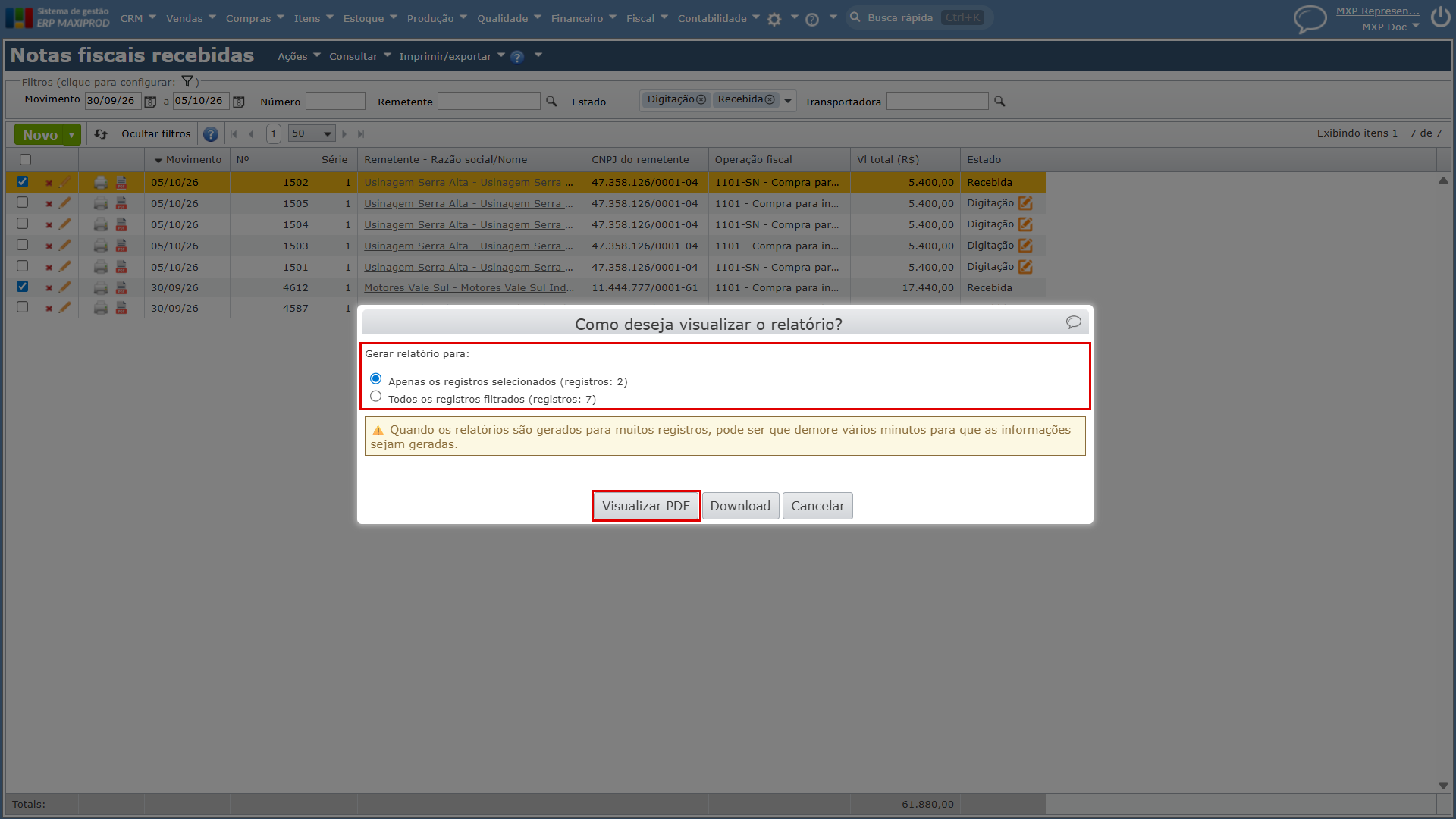 Janela Como deseja visualizar o relatório? com as opções de Gerar relatório para e o botão Visualizar PDF destacados