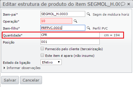 editar estrutura de produto do item SEGMOL