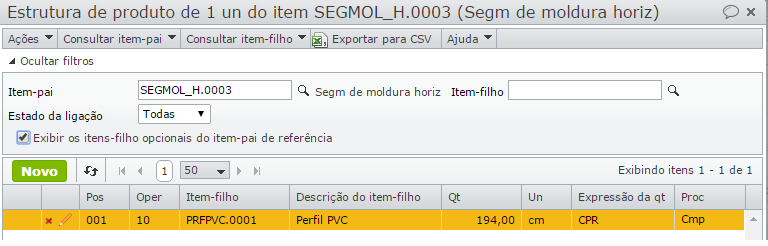 janela estrutura de produto de 1 un do item SEGMOL