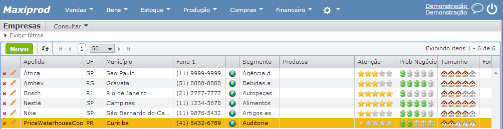 crm tela empresas do sistema maxiprod