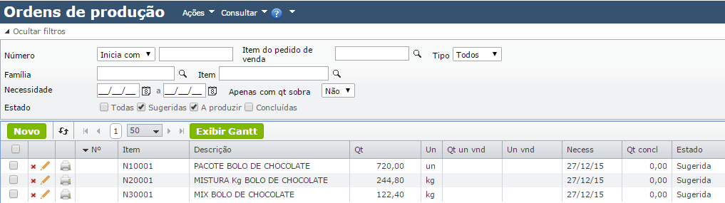 tela Ordens de produção