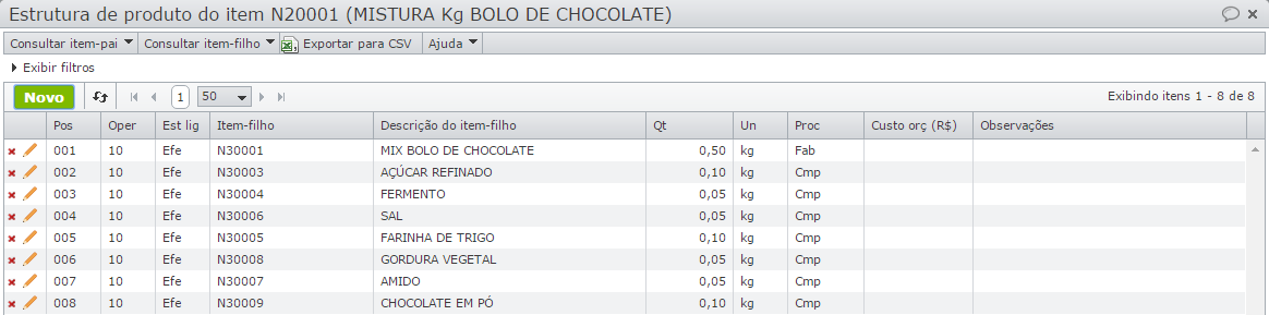 estrutura de produto do item N20001