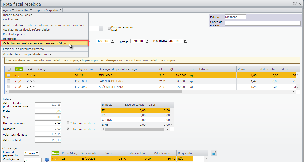 tela Cadastrar automaticamente os itens sem código