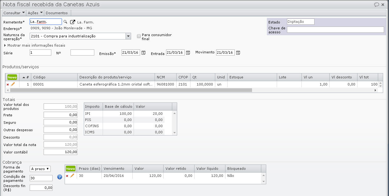 tela para criar nota fiscal recebida