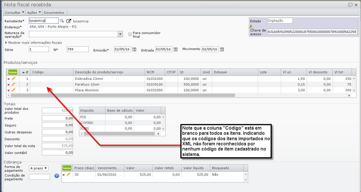cod-externo-111 coluna código dentro da tela de notas fiscais recebidas