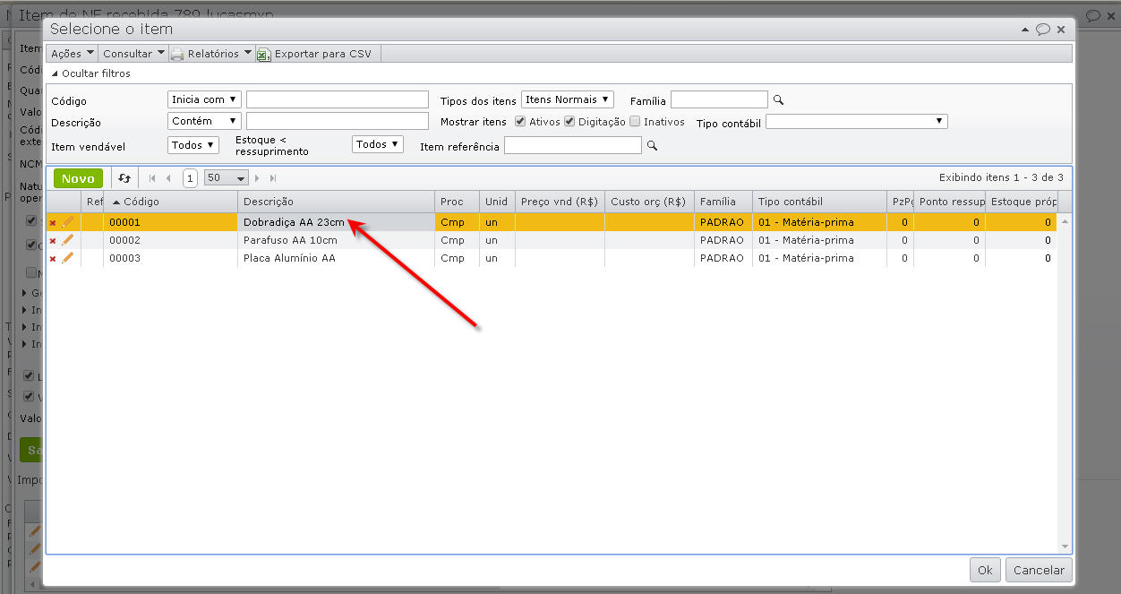 cod-externo-3 campo descrição na tela de seleção do item