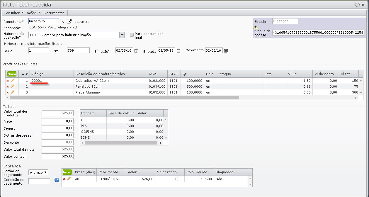 cod-externo-5 campo código da tela de nota fiscal recebida