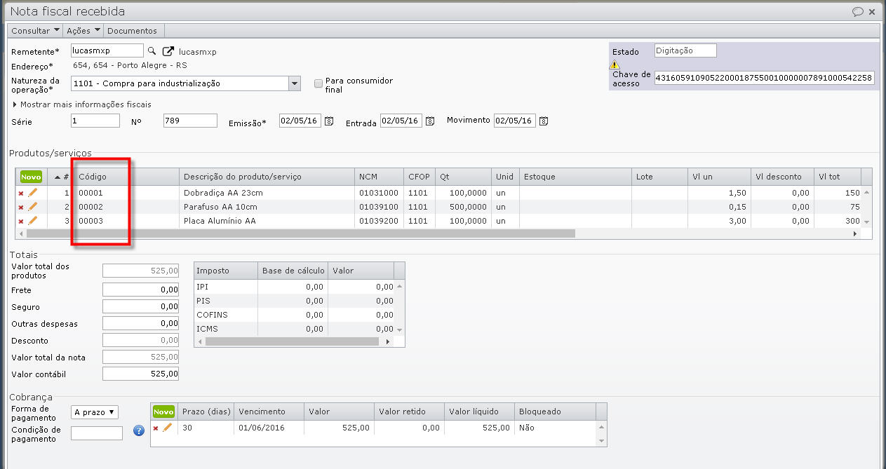cod-externo-6 campo código da tela de nota fiscal recebida