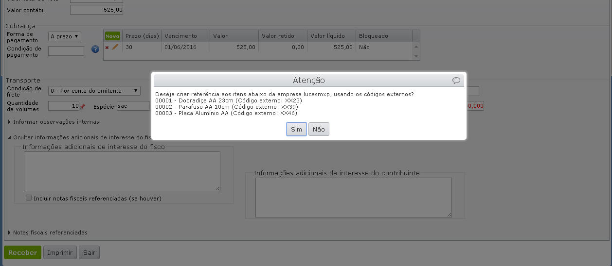 cod-externo-8 exibida uma mensagem perguntando se deseja gravar a associação entre o código interno e o código externo