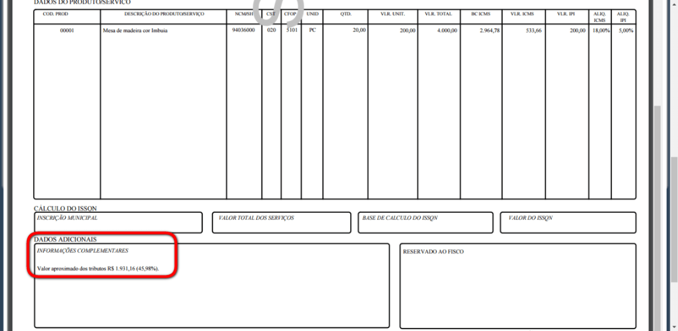 aproximado dos tributos - danfe