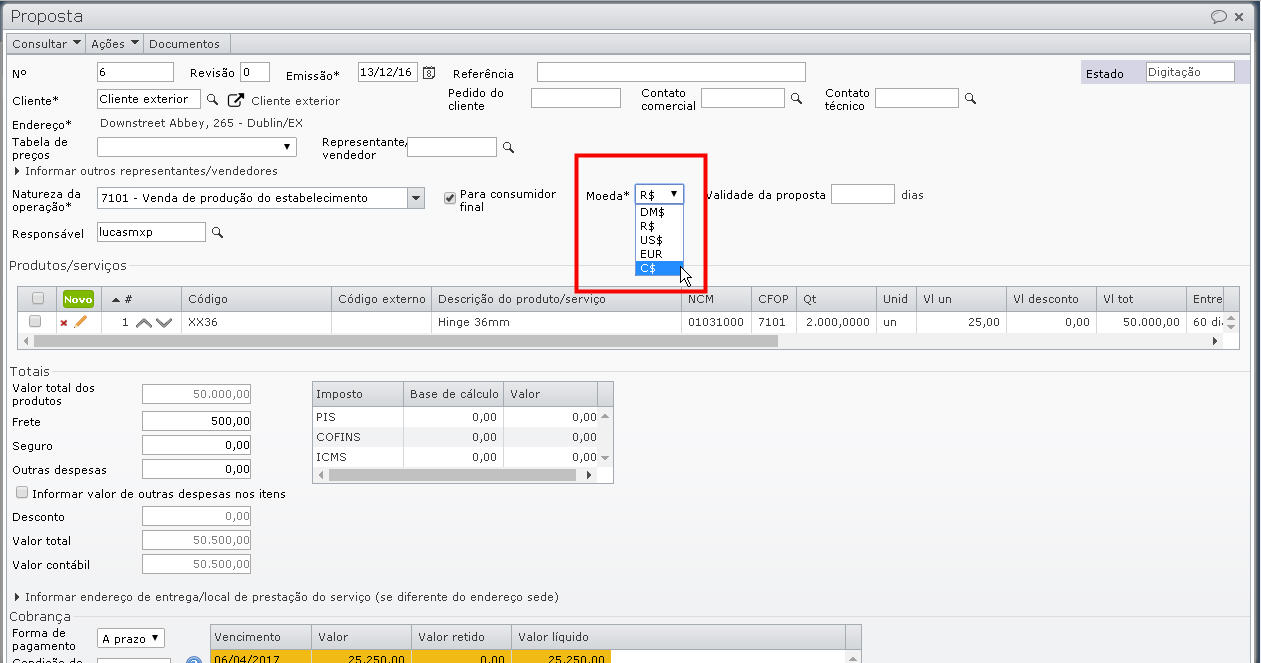 vendas em moeda estrangeira - inserir moeda