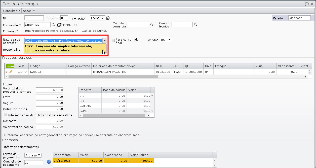 tela de pedidos de compra