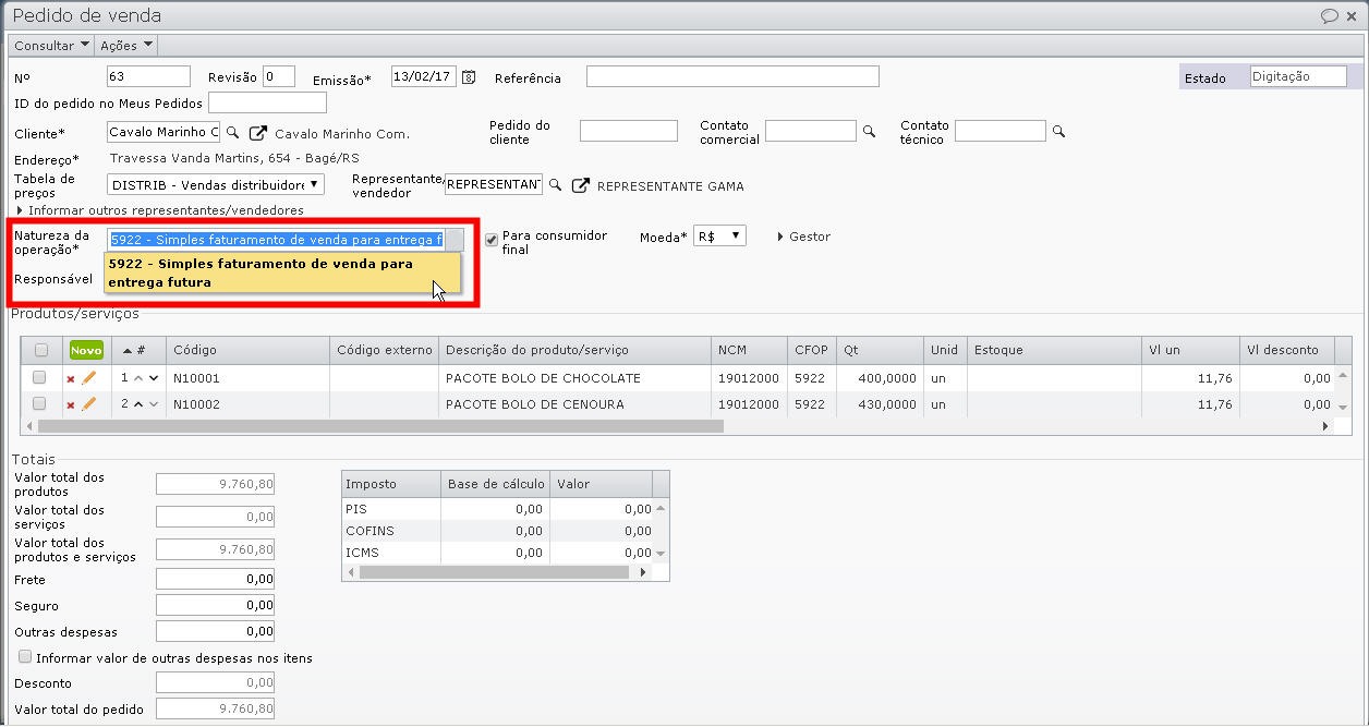 faturamento da venda com entrega futura
