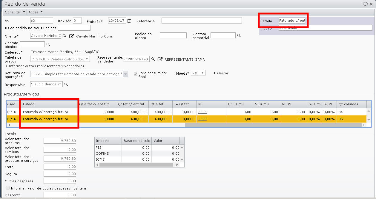 tela do pedido de venda