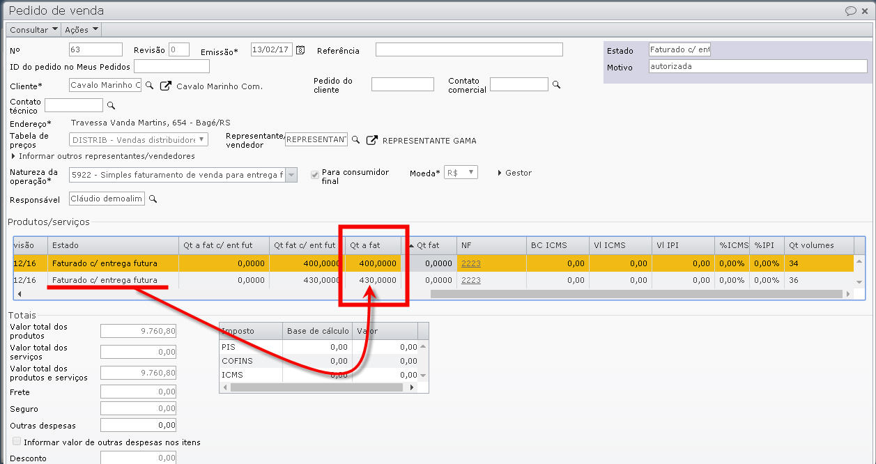 edição do pedido de venda no estado Faturado com entrega futura