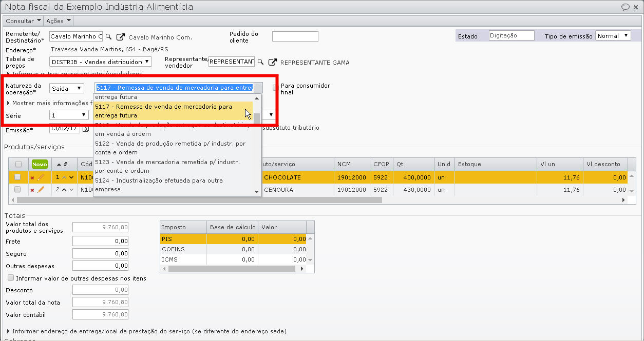 operação configurada para a remessa de entrega futura