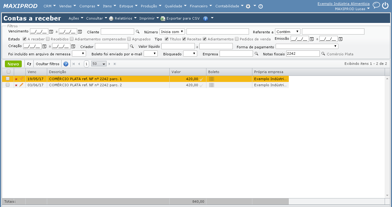 tela de contas a receber