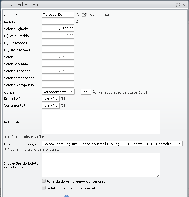 tela novo adiantamento