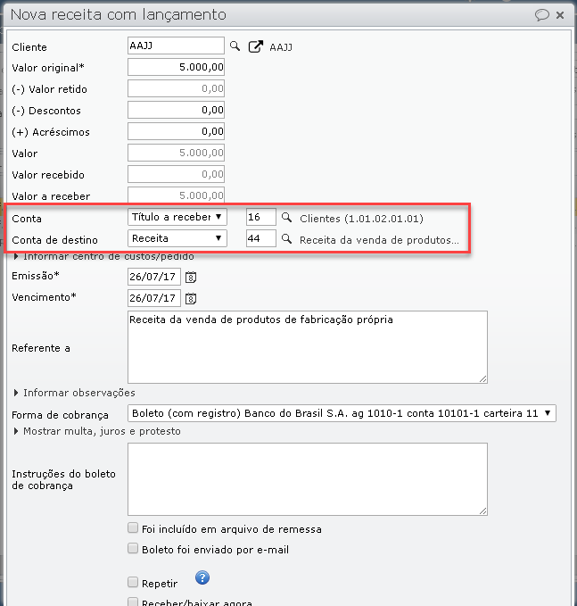 janela nova receita com lançamento
