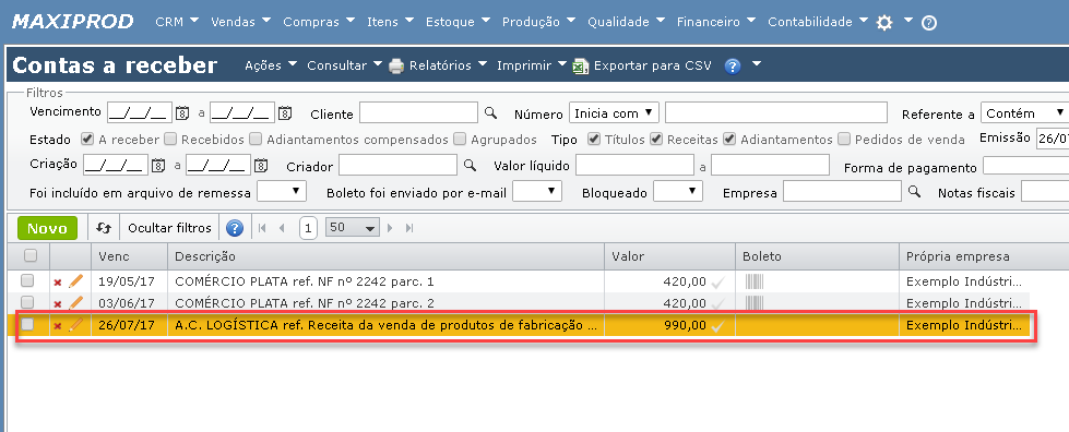 tela de contas a receber 3