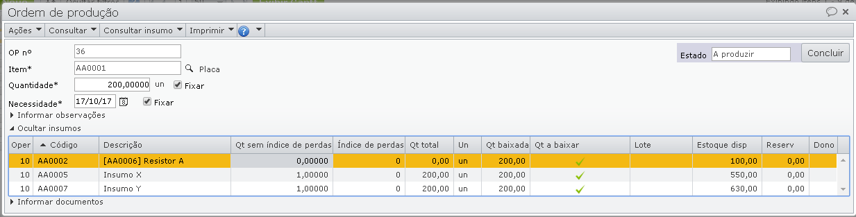 ordem de produção mostra insumos