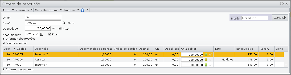 tela ordem de produção